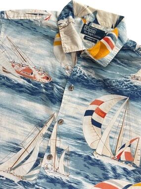 Vintage Polo Ralph Lauren Sailboat Shirt Classic Fit M Blue Nautical Loop Collar